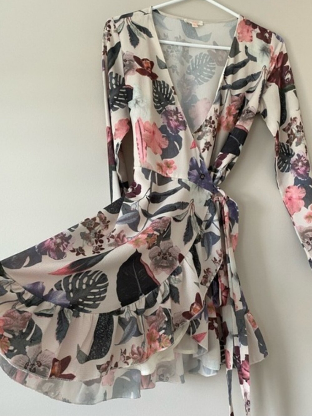 Luxxel Cream Floral Wrap Tie Dress with Pink & Green Tropical Blooms Leaves